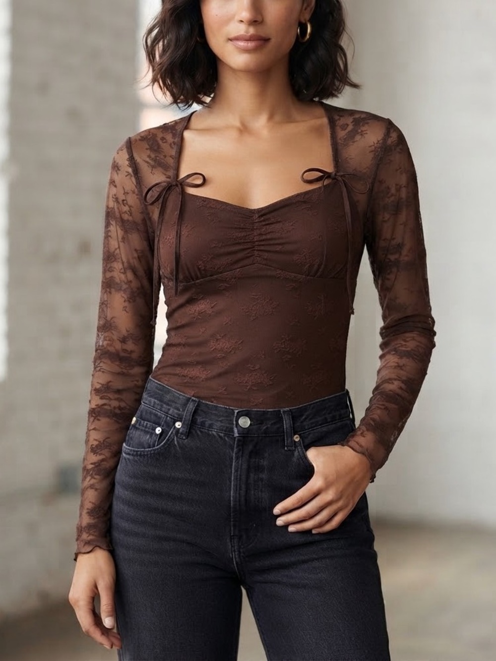 Willow & Root Brown Lace Mesh Top Sheer Long Sleeve Faux Tie Babydoll Blouse S